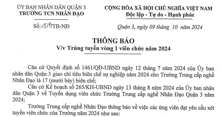 Thông báo 181b về trúng tuyển vòng 1 viên chức năm 2024