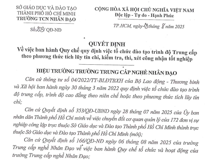 QD ban hanh quy chế tổ chức đào tạo trình độ trung cấp theo tín chỉ - 2025